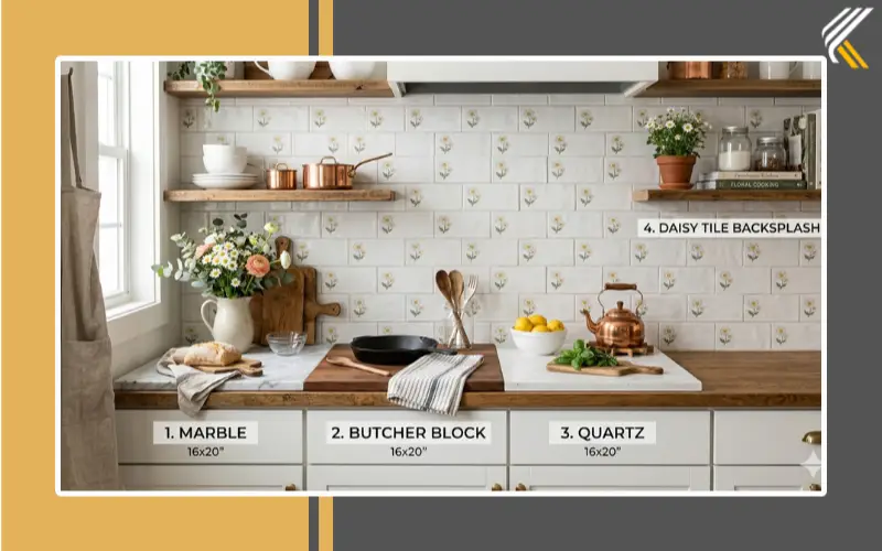 Countertop combinations with floral daisy backsplash tiles