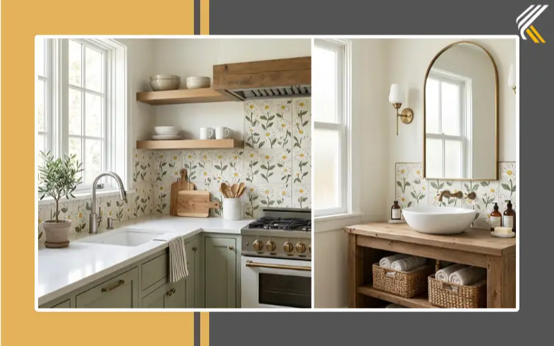 Floral daisy backsplash comparison between kitchen and bathroom