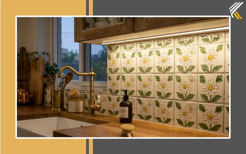 Under-cabinet lighting highlighting floral backsplash tiles