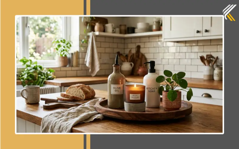 Wooden tray styling ideas for kitchen countertops with candles oils and greenery