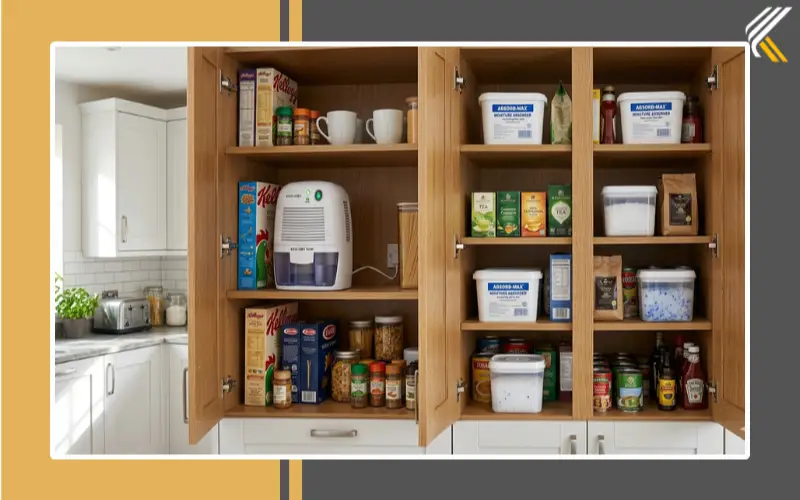 Mini dehumidifier and moisture absorber comparison inside kitchen cupboard