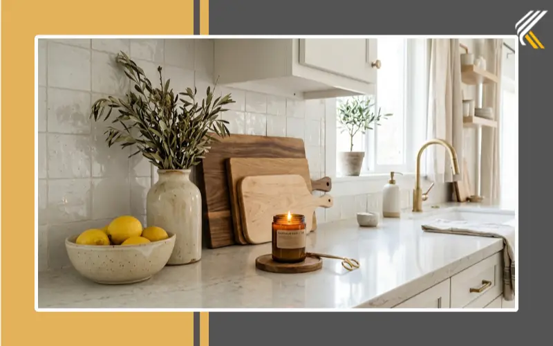 Kitchen countertop styled with layered decor different heights and neutral accessories