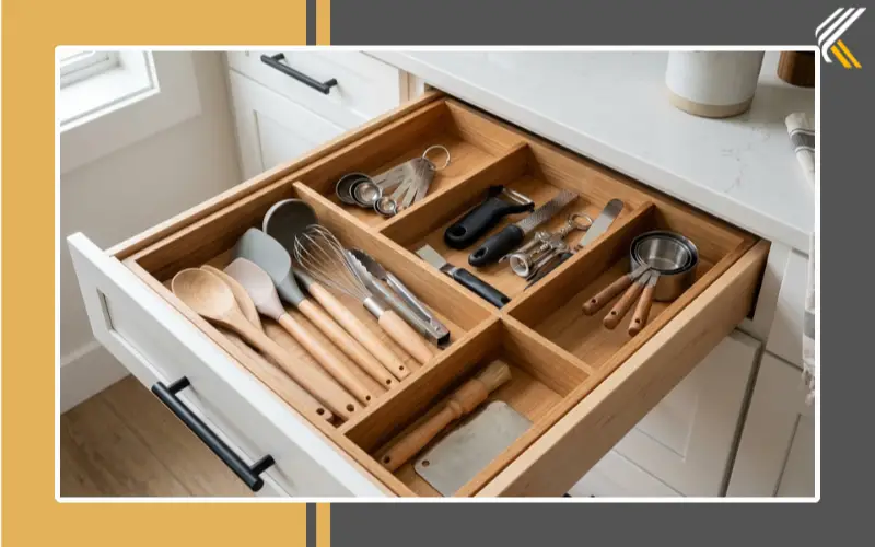 Kitchen drawer divider organization for utensils and cooking tools
