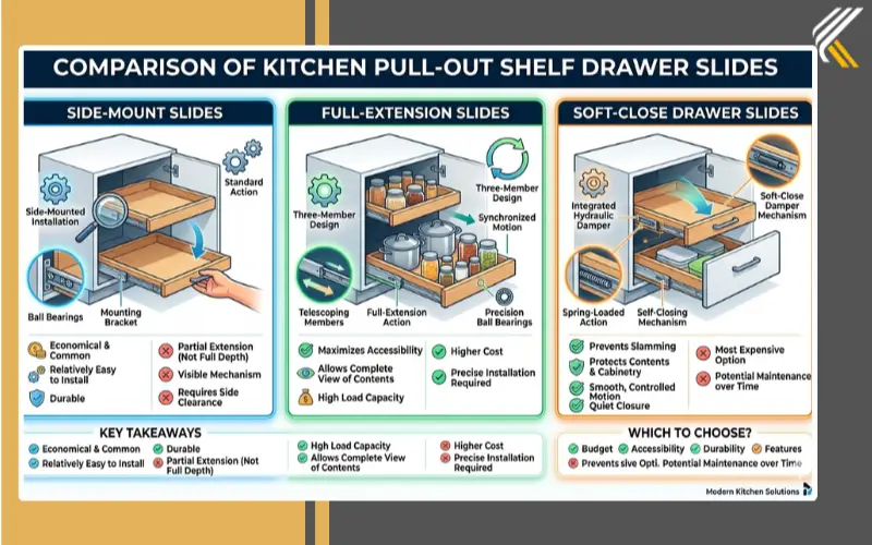 Comparison of side mount full extension and soft close drawer slides