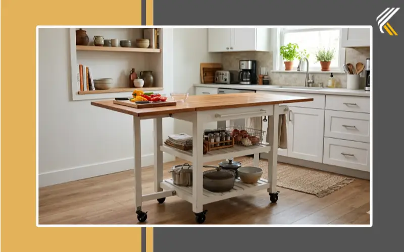 Drop-leaf rolling kitchen cart with foldable countertop in a small kitchen
