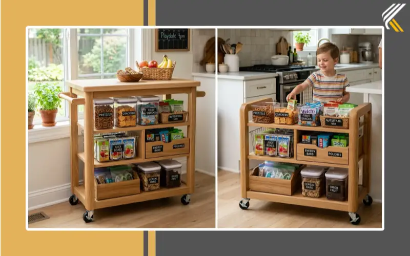 Family-friendly kitchen trolley with organized snack storage