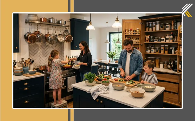 Family kitchen using hinged wardrobe cabinets