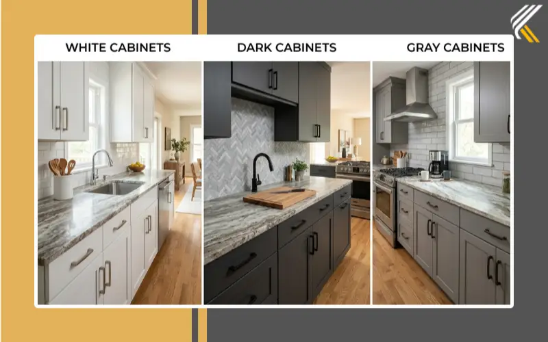 Fantasy Brown granite with white gray and dark cabinet combinations