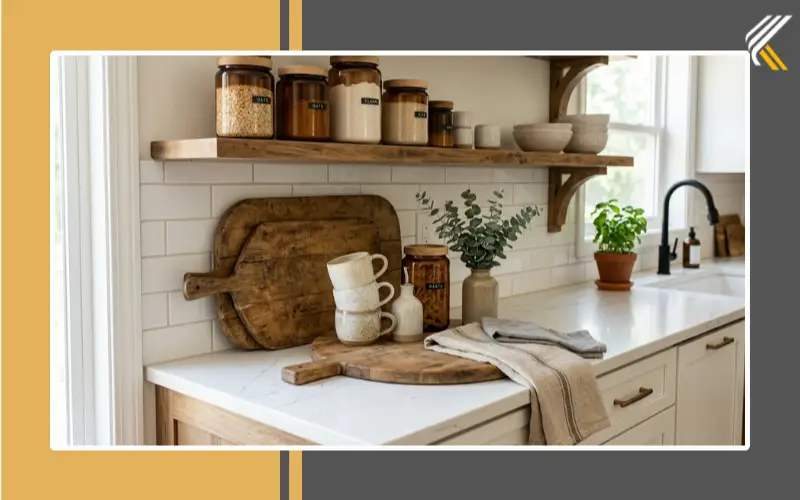 Farmhouse kitchen countertop decor with wooden trays and glass jars