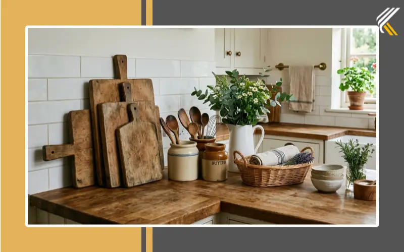 Farmhouse kitchen countertop decor with wooden cutting boards and vintage accessories