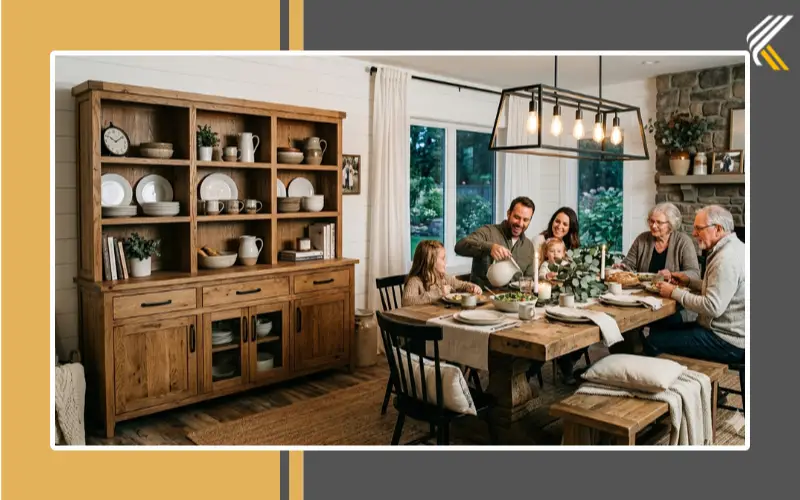 Modern farmhouse crockery cabinet with wooden finish
