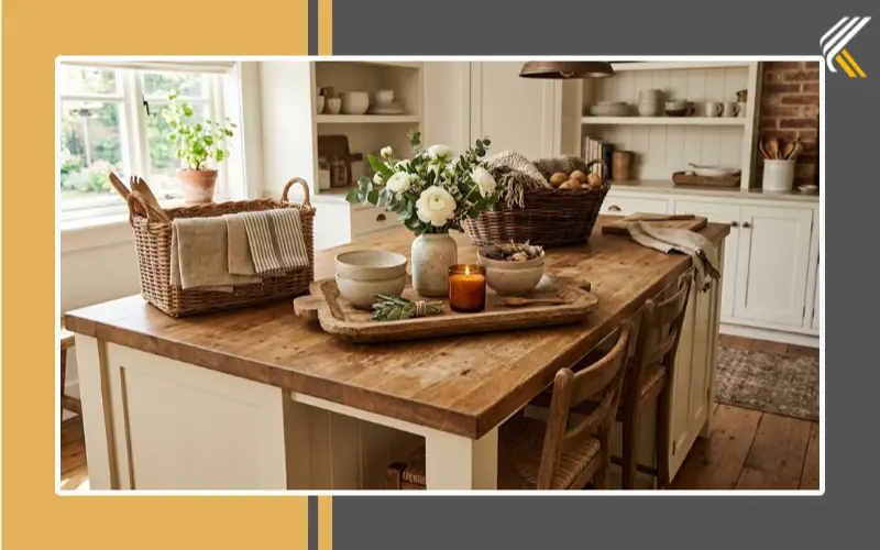 Farmhouse kitchen island with wooden tray and rustic decor