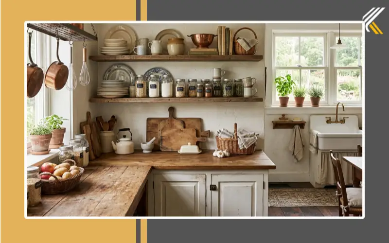 Farmhouse kitchen shelf decor with rustic accessories