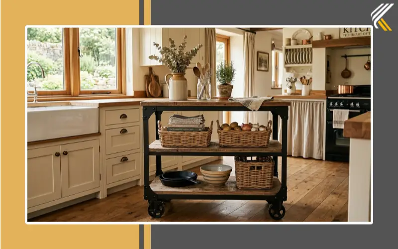 Farmhouse kitchen trolley with wooden shelves and wicker baskets