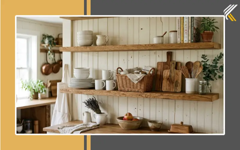 Farmhouse kitchen shelves with pottery and wooden accents