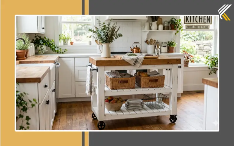 Farmhouse rolling kitchen cart with wooden countertop and white storage shelves