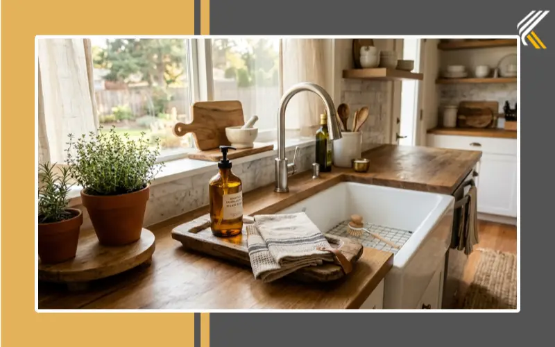 Farmhouse sink with wooden soap tray and linen towels
