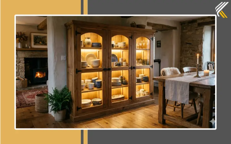 farmhouse wooden crockery cabinet with warm lighting