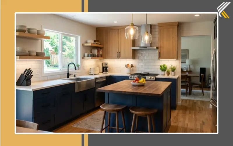 Completed DIY kitchen renovation with modern cabinets and lighting
