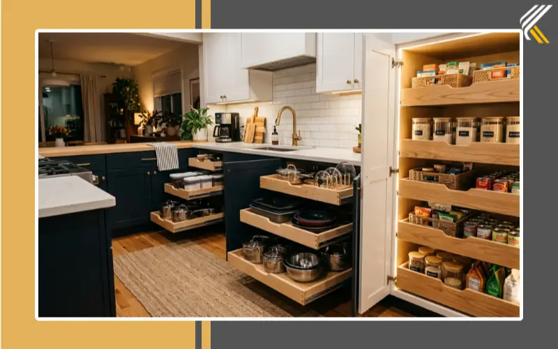 Finished DIY pull out shelves in organized kitchen cabinets