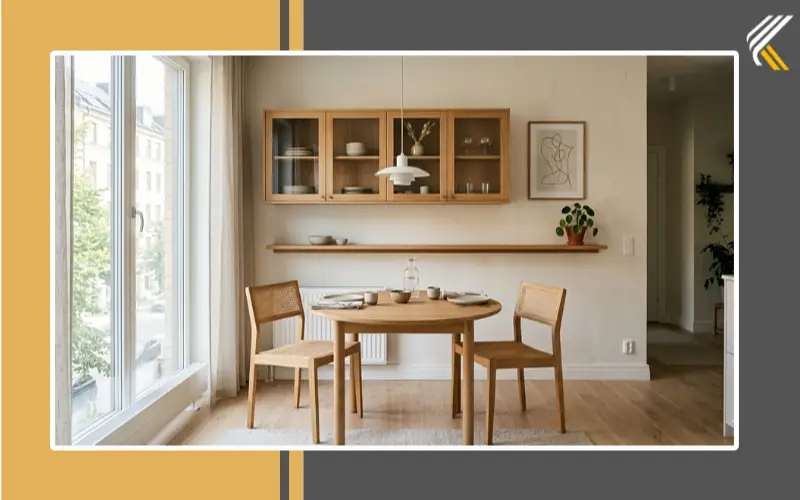 Floating crockery cabinet in small apartment dining room