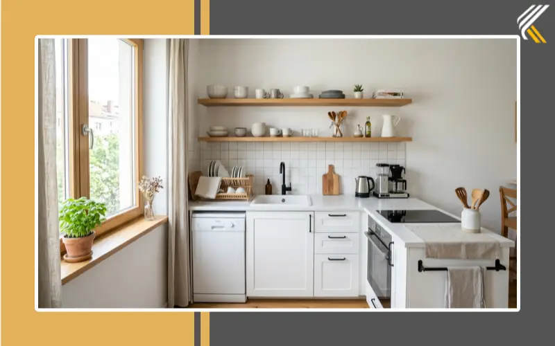 Wooden floating shelves in a modern compact kitchen