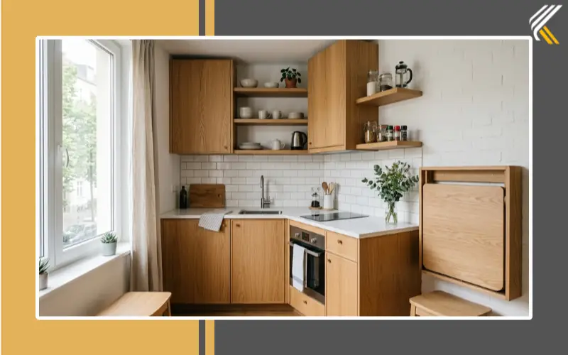 Foldable dining table in a compact kitchen layout