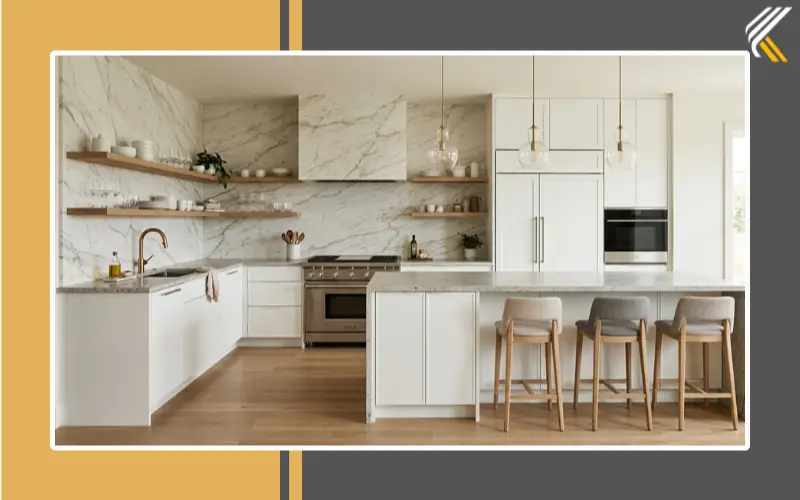 Full-height backsplash with white cabinets and granite countertops