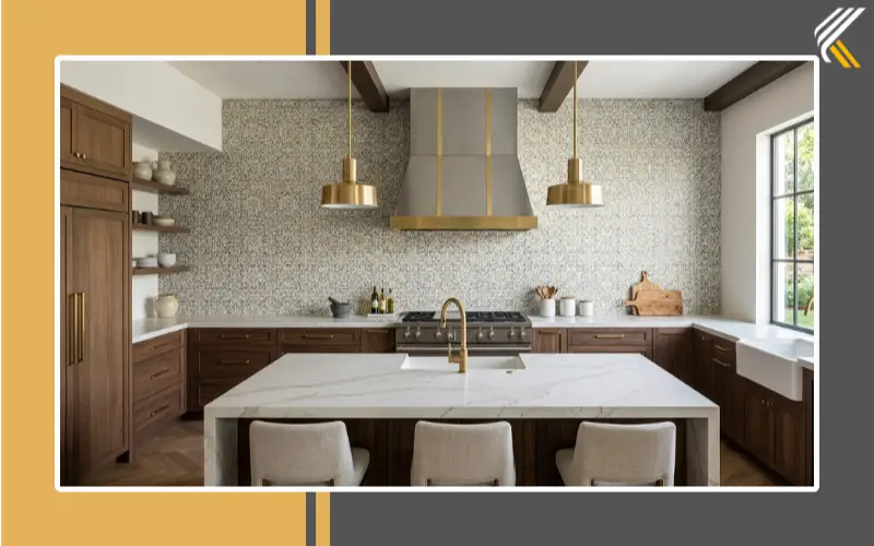 Full-height decorative tile backsplash extending to ceiling