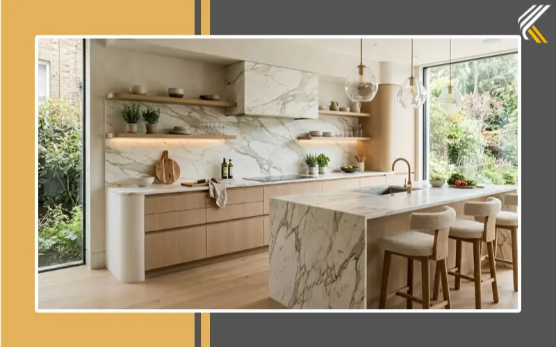 Modern white kitchen with full slab stone backsplash
