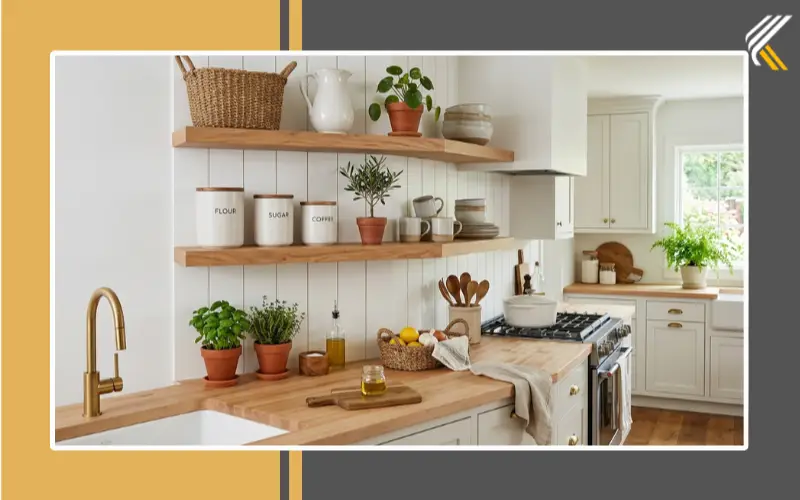 Functional kitchen decor ideas with floating shelves and storage baskets