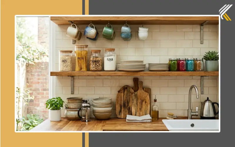 Functional kitchen shelf decor with organized storage