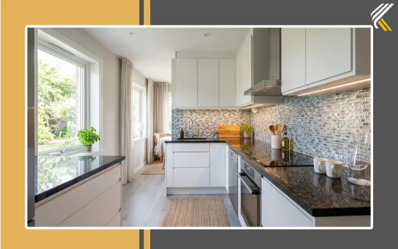 Glass mosaic backsplash reflecting kitchen lighting
