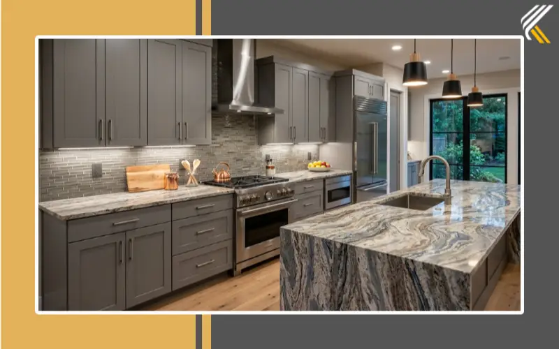 Gray glass backsplash with Fantasy Brown granite kitchen countertops