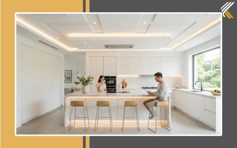 gypsum false ceiling design with recessed lighting in kitchen