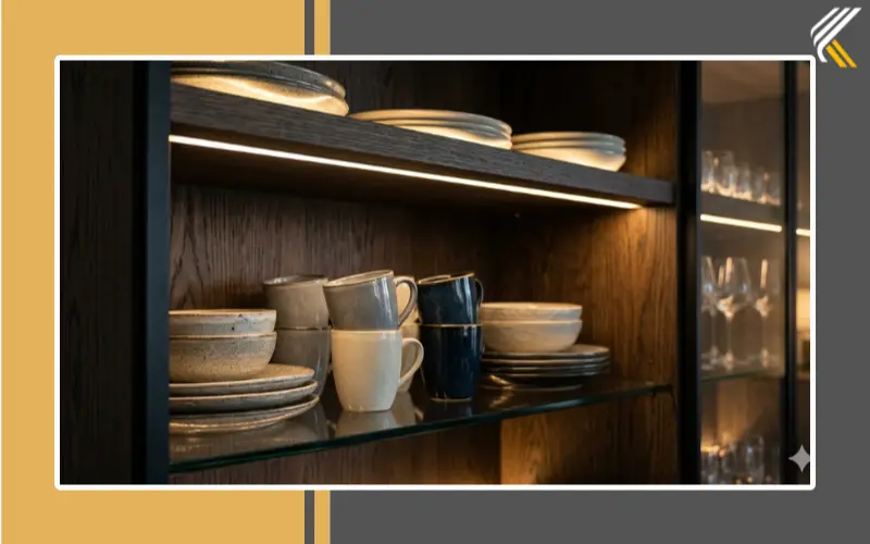 hidden LED strip lights inside modern crockery cabinet