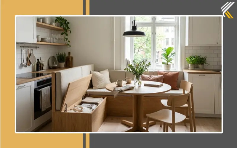 Storage bench seating in a small kitchen dining area