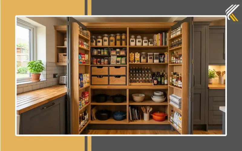 Hinged pantry wardrobe with organized kitchen storage