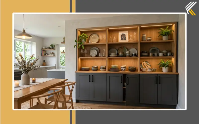 Hybrid crockery unit with open shelves and closed cabinets