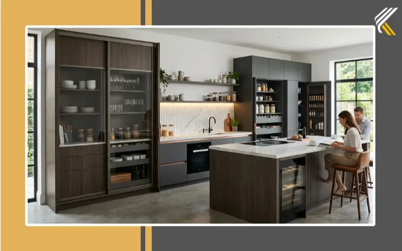 Hybrid kitchen layout with sliding and hinged wardrobes
