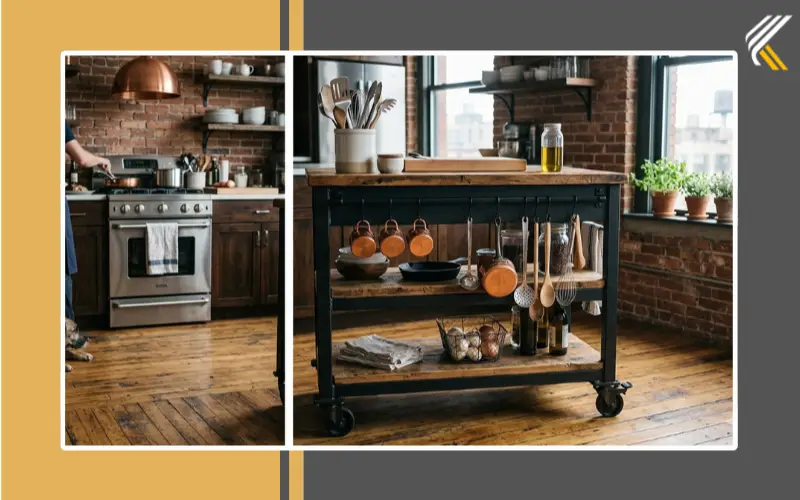 Industrial rolling kitchen cart with black metal frame and reclaimed wood shelves