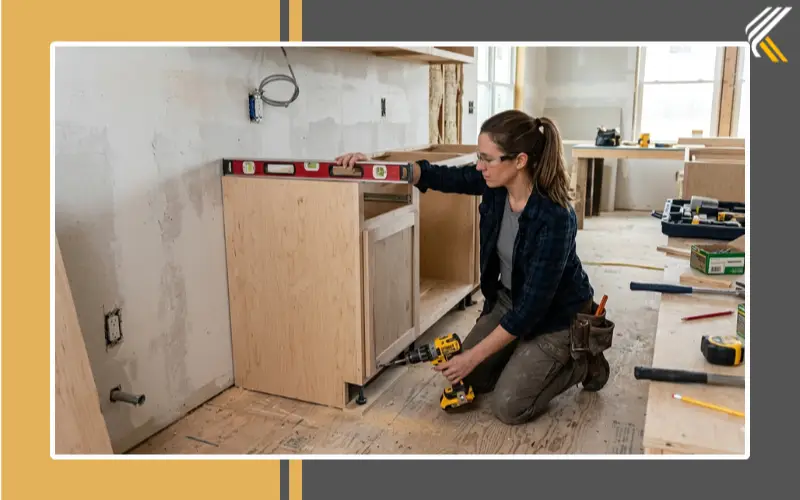 DIY homeowner leveling base kitchen cabinets
