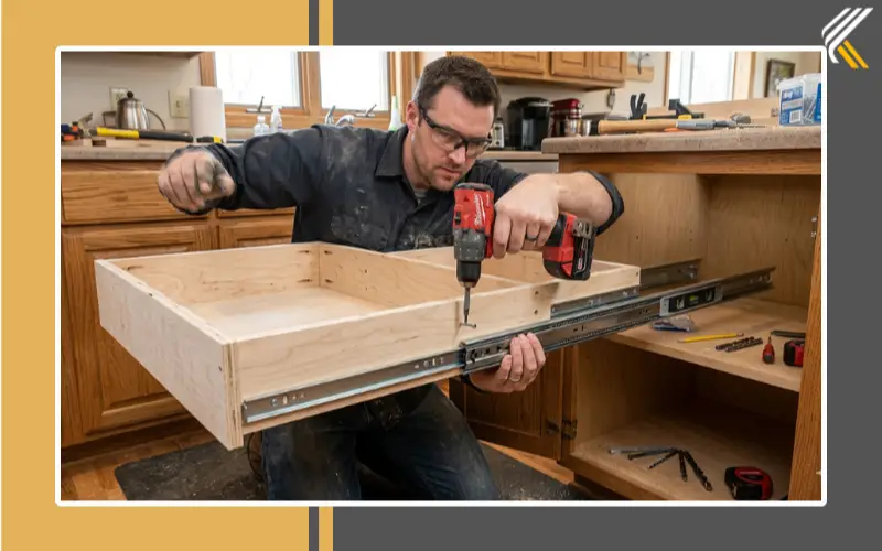 Installing drawer slides for pull out kitchen shelves