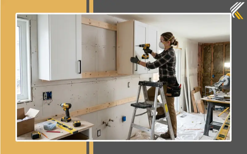 Installing upper kitchen cabinets with support boards