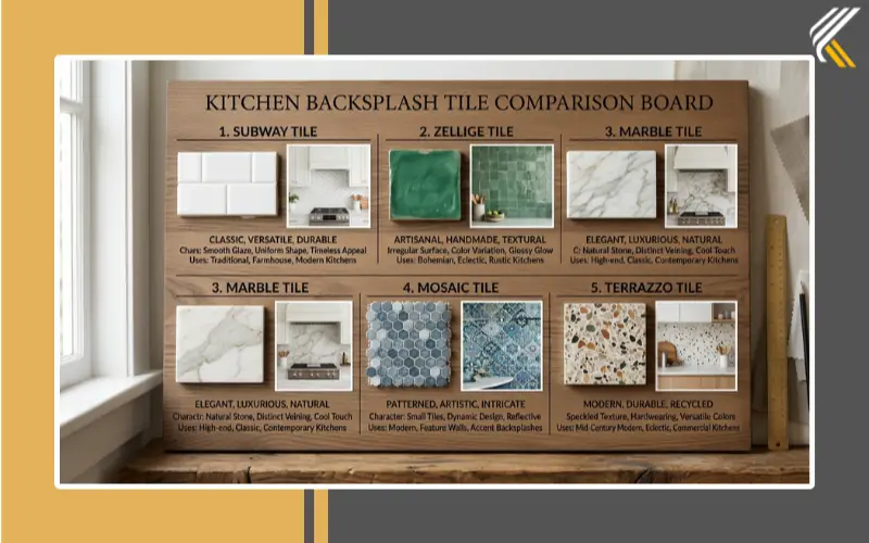 Comparison of popular decorative backsplash tile styles in a kitchen