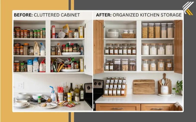 Before and after kitchen cabinet organization transformation