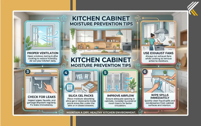 Kitchen cabinet moisture prevention infographic with humidity control tips