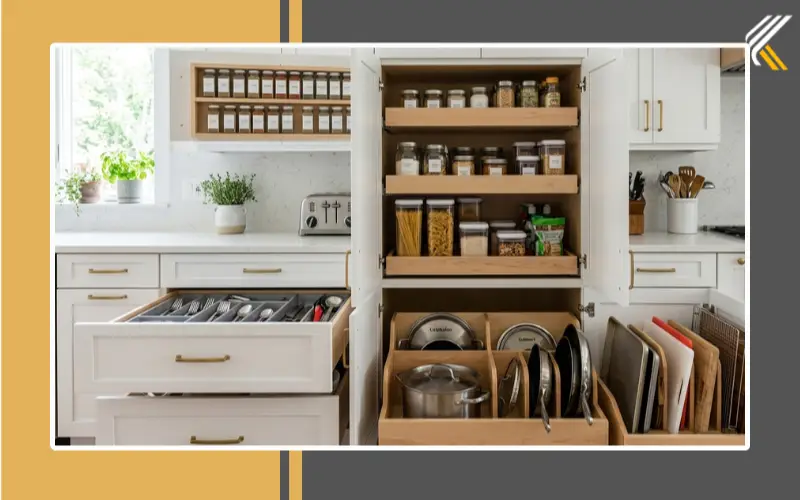 Pull-out kitchen cabinet organizers and deep drawer storage ideas