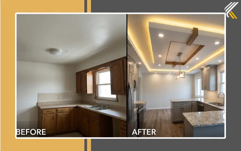 before and after kitchen ceiling transformation