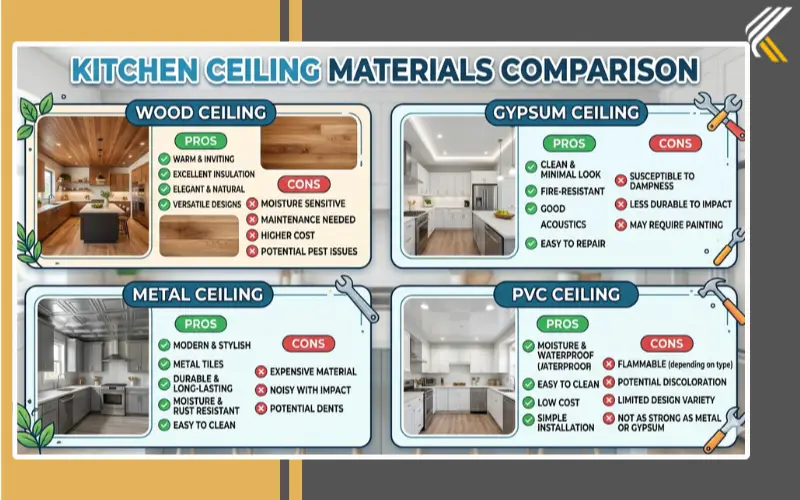 comparison of kitchen ceiling materials wood gypsum metal pvc